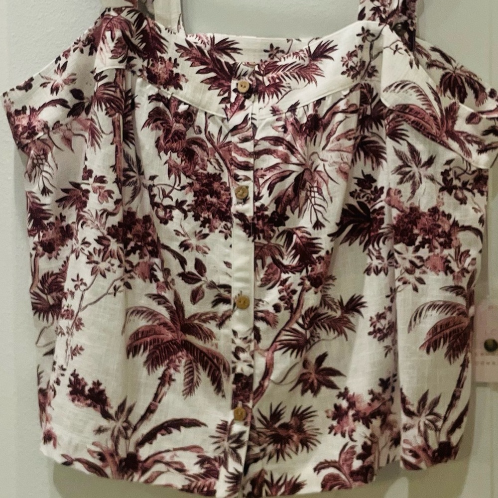 NEW…LC Lauren Conrad Tropical Palm Ruffle Strap Button Front Tank Top - Picture 2 of 3